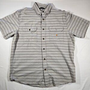 Carhartt Short Sleeve Shirt Men's Sz Large L Gray Striped Button Down Loose Fit
